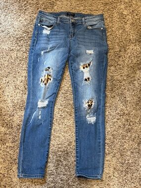 Judy Blue Blue Distressed Skinny Jeans with Leopard Patch